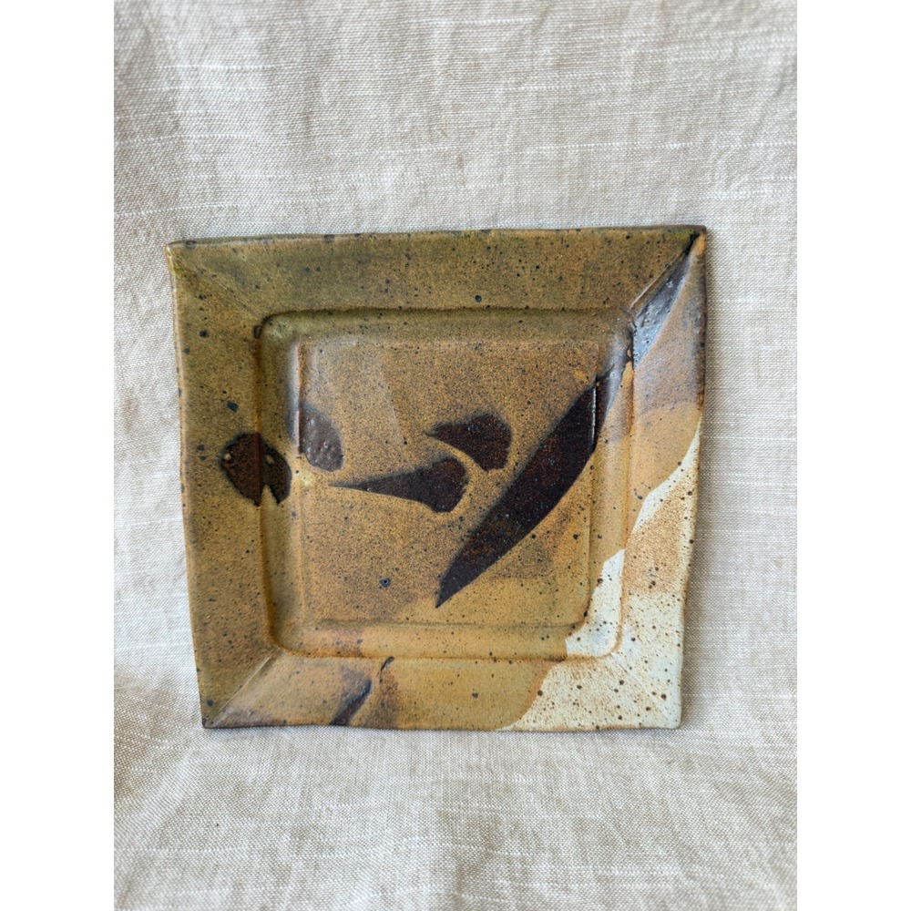 Vintage Studio Pottery Square Dish, Hand Thrown Ceramic Tray